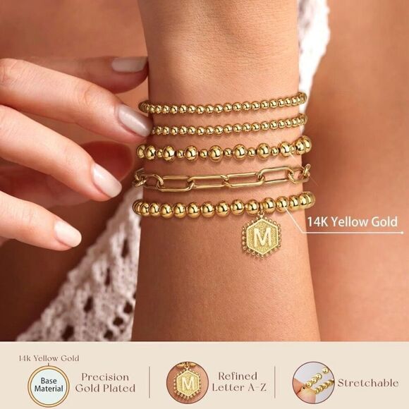 14K Gold Plated Bracelets Womens Casual Beaded Stretch Bead Ball Adjustable Set - Picture 3 of 5